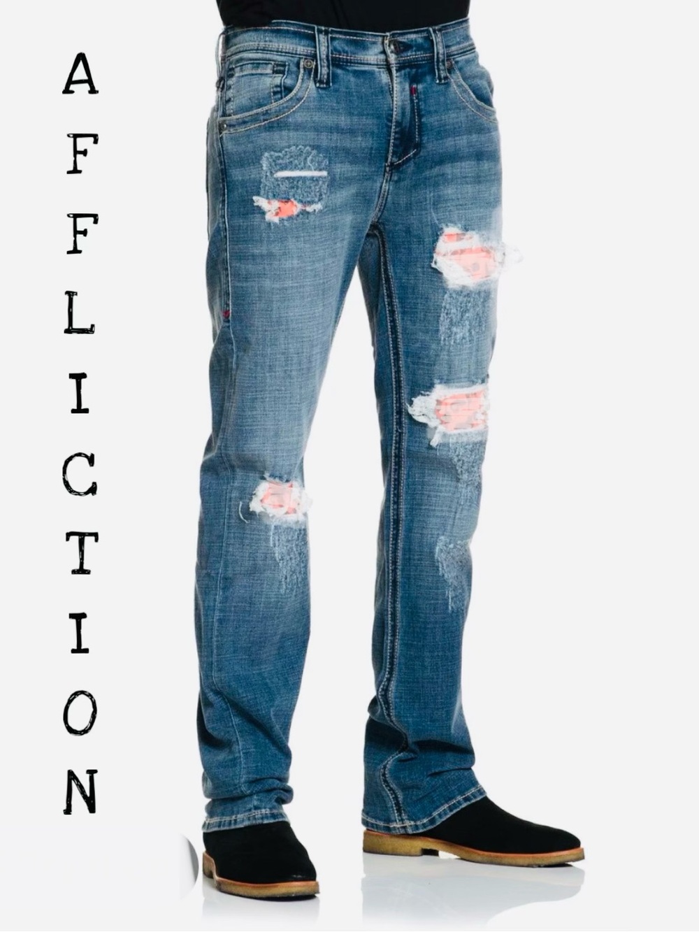 Affliction Men’s Cooper Straight Blue Jeans with Red Patch Distressing NWT